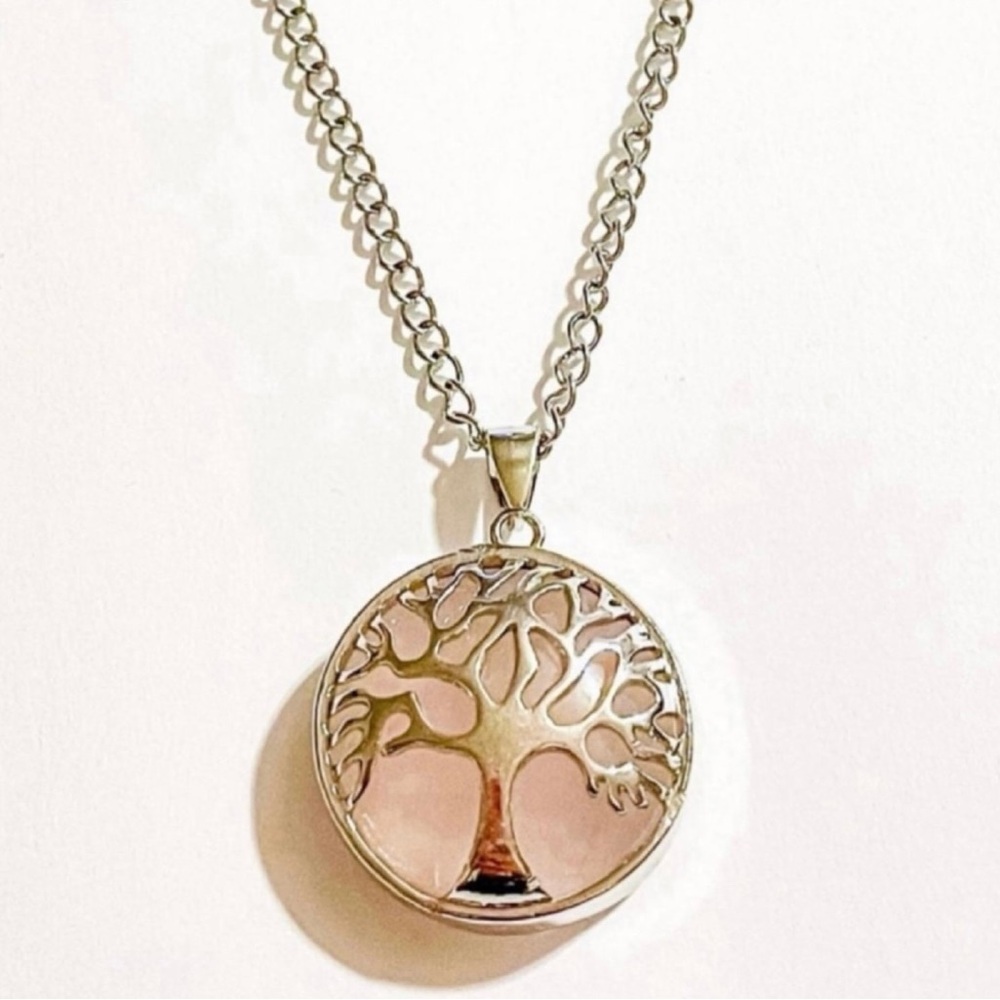 Rose Quartz Gemstone Tree of Life Pendant Necklace
